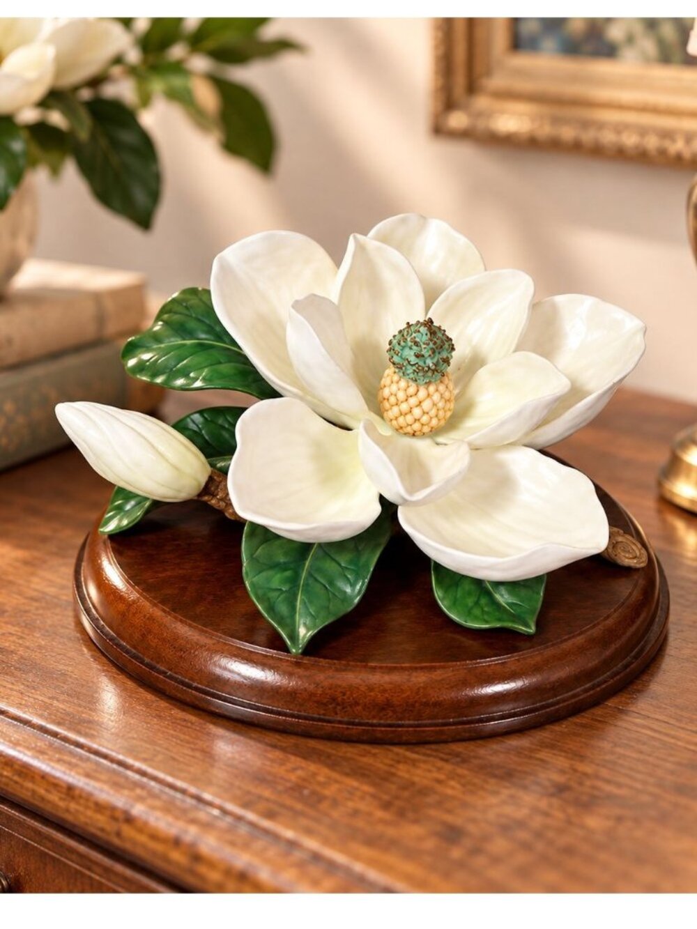 Homco Magnolia Figurine Vtg Masterpiece Bone China Flower Wood Base Southern